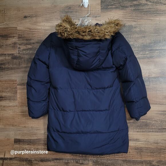 GAP Kids Down Puffer Coat M Faux Fur Trim Hood Navy Outdoor Winter Sledding - Picture 2 of 13